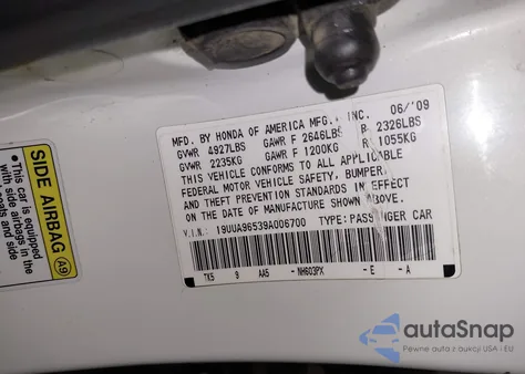 2009 Acura Tl 3.7 z USA, uszkodzony, nr VIN 19UUA96539A006700